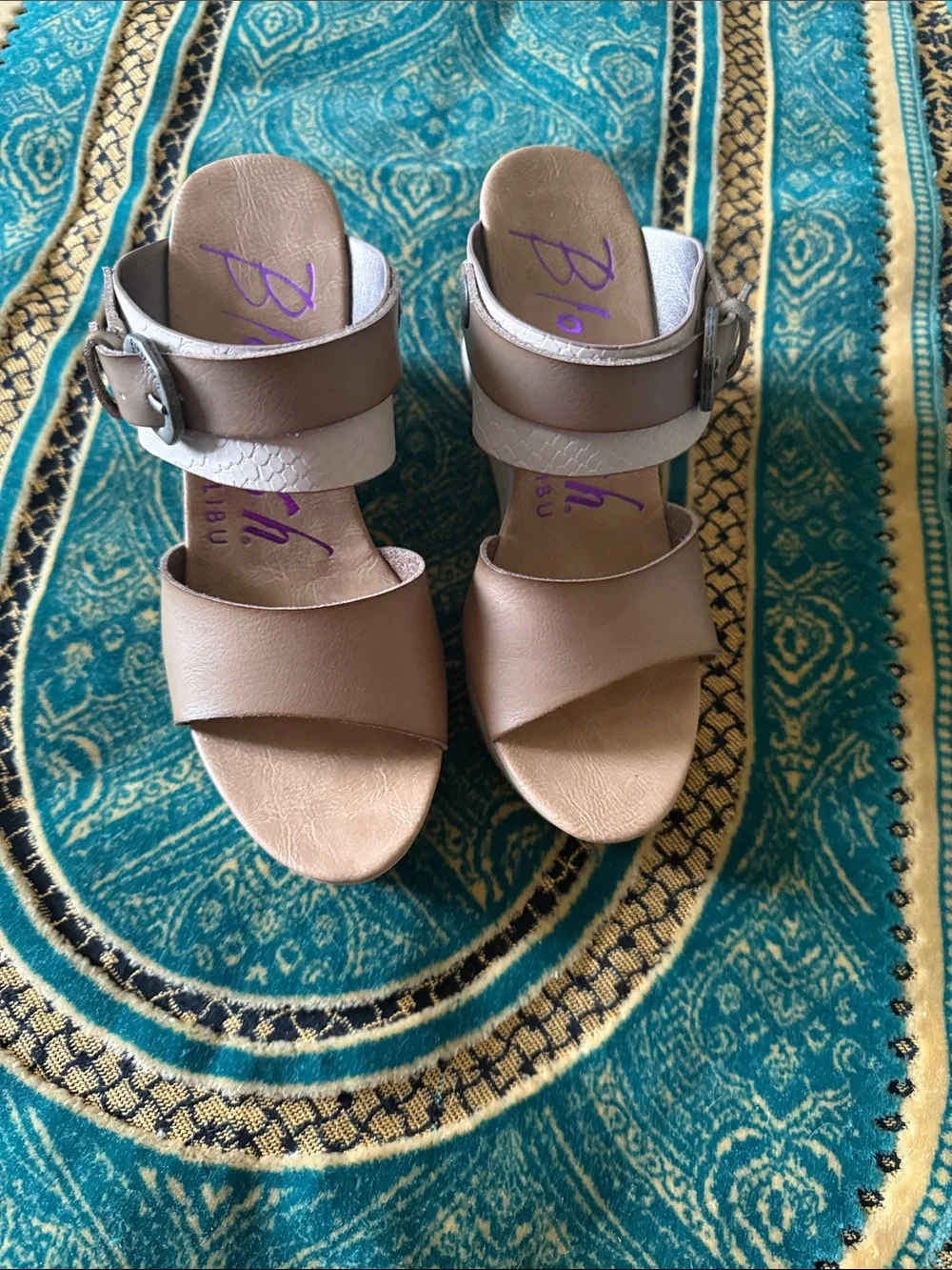 Blowfish Taupe and Light Taupe Double Strap Wedge Sandals
